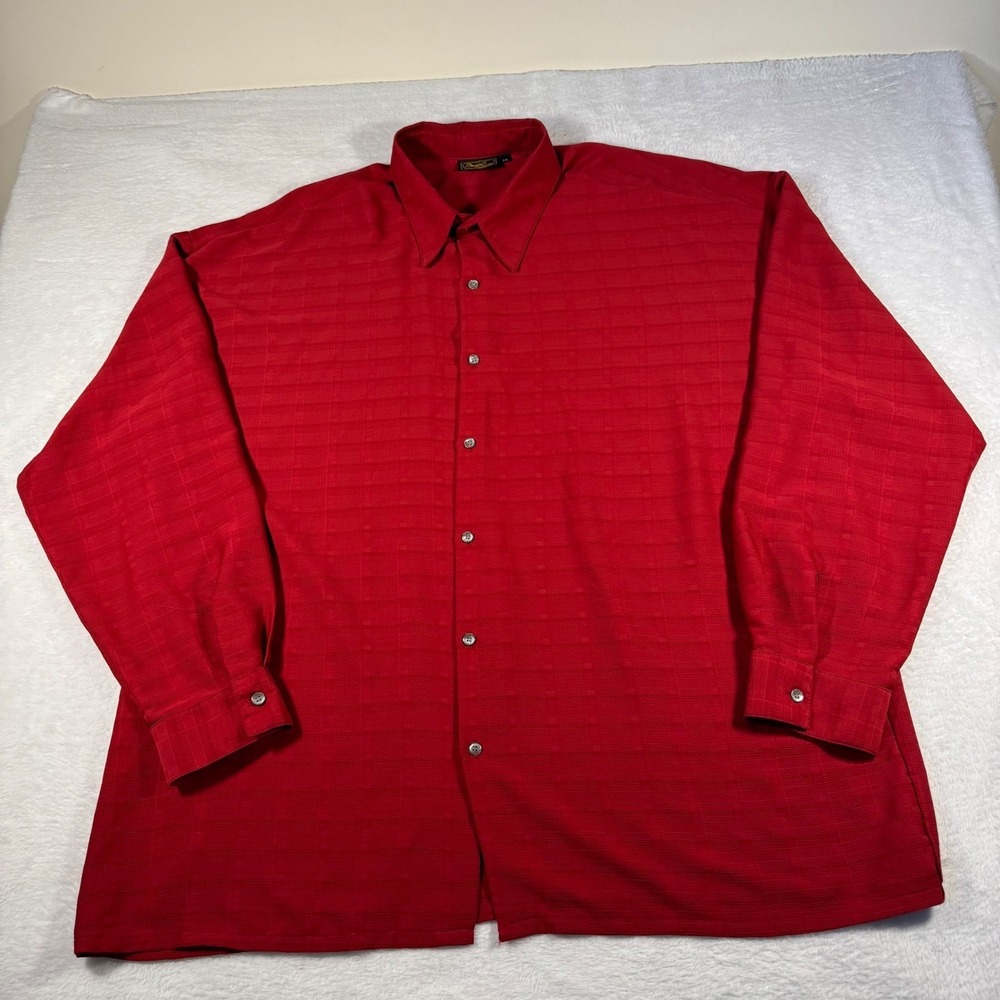 Monzini Collection Button Down Mens 3X Red Excellent Textured Tonal Grid‎ USA